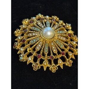 Vintage signed ART Gold Brooch With Faux Pearls & Gemstones